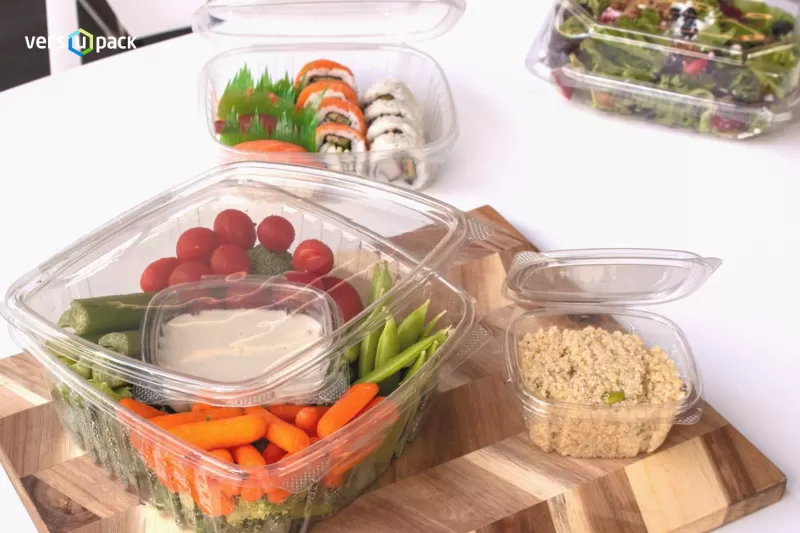 Disposable hinged lid deli containers for salads, snacks, desserts and food To-Go.