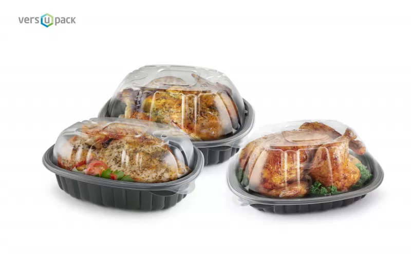 Disposable roasted chicken container with dome lid