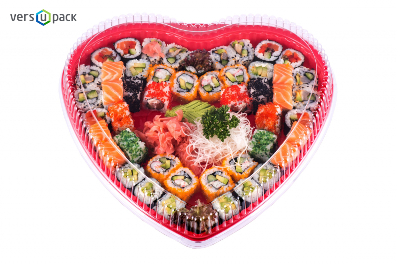 Disposable heart-shaped sushi platter. Take Away sushi containers.