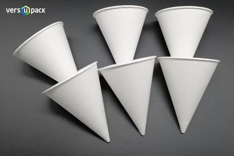 Environmentally friendly paper water cones and cone-shaped water cups.