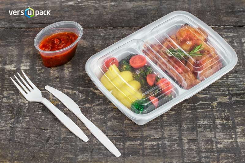 Disposable Take Away containers with compartments, portion cup for sauces and eco-friendly cutlery.
