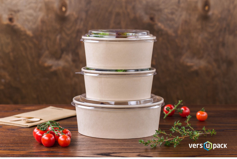 Eco-friendly salad bowls. Foodservice take-out bamboo paper containers