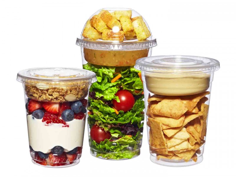 Disposable cups, inserts and dome lids for food To-Go. Packaging for healthy snacks To-Go.