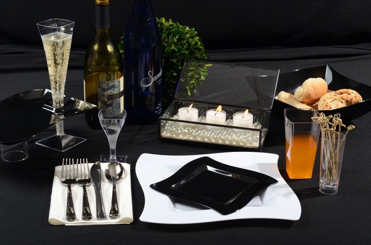 Disposable tableware, disposable wine and champagne glasses, disposable cutlery.