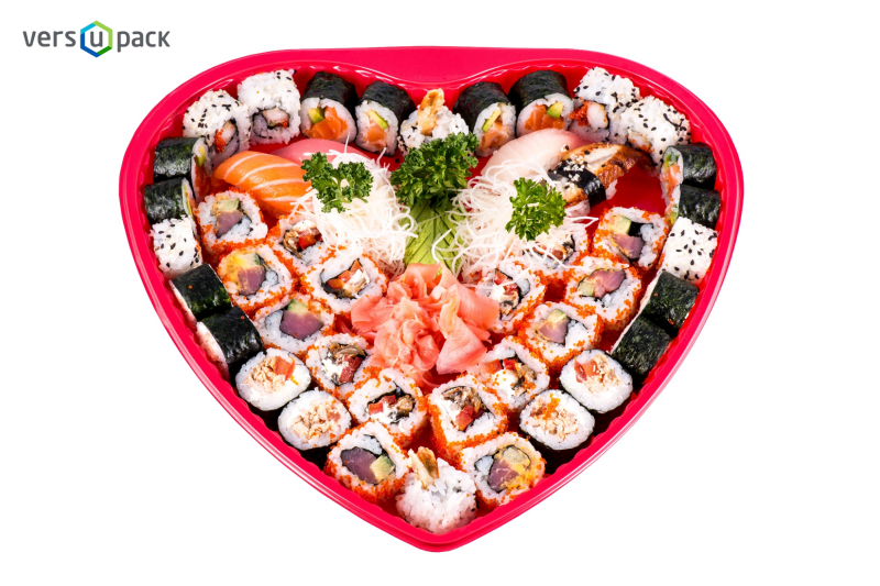 Sushi heart shaped trays, containers and platters.
