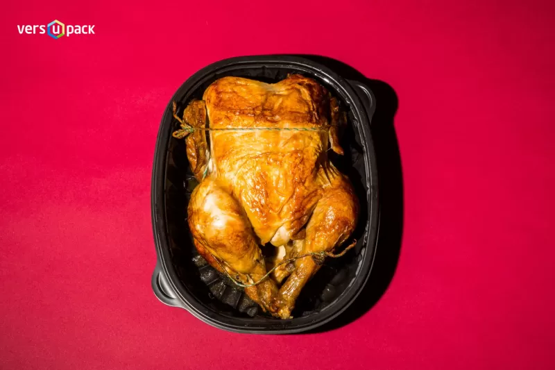 Disposable roasted chicken container with dome lid