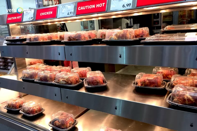 Упаковка курицы-гриль для горячих столов и витрин кулинарии супермаркетов