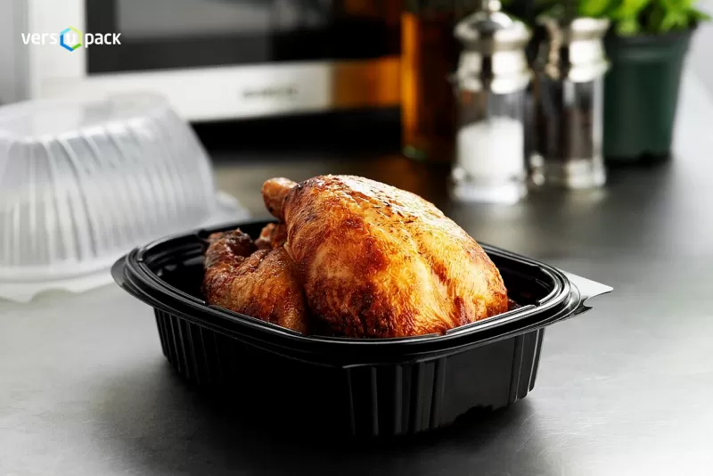 Disposable roasted chicken container with dome lid