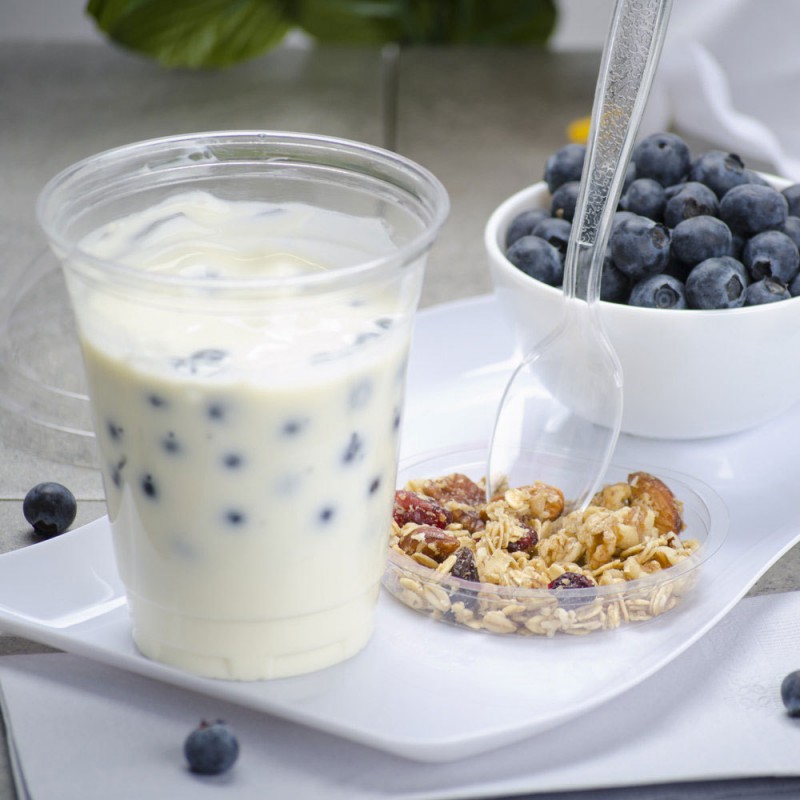 Disposable rPET cups To-Go and lids, cup inserts for granola and sustainable disposable cutlery.